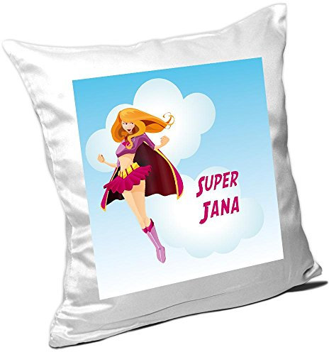 Eurofoto Kissen mit Namen Jana und schönem Superheldin-Motiv für Mädchen - Namenskissen personalisiert - Kuschelkissen - Schmusekissen