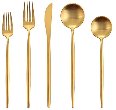 Oliviola Besteck-Set, mattes Gold, 20-teiliges Besteck-Set aus Edelstahl für 4 Personen, satiniertes Finish, spülmaschinenfest