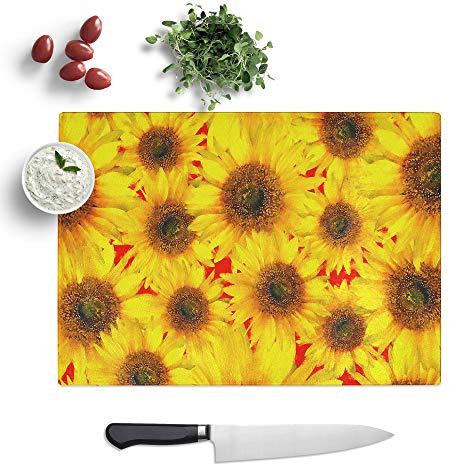 Glass Chopping Board, Wall of Yellow Sunflowers, 39x28.5 cm | Textured Glass Worktop Saver with Non-slip Feet, Hygienic Cutting and Serving Board for Protecting Kitchen Surfaces