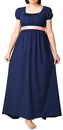 BLESSUME Robe de Régence pour Femmes Manches Bouffantes à Volants Ceinture Robe de Bal à Taille Empire (L, Bleu)