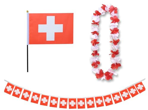 Sonia Originelli Fanset Fanartikel Fahnen Girlande Fähne für die Hand Blumenkette Hawaiikette EM WM Fussball Farbe: Schweiz