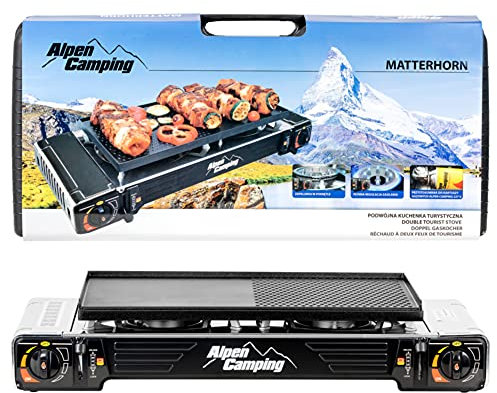 Mianova Campingkocher Outdoor Doppel Gaskocher BBQ Notfallkocher Grill Gaskartuschen Gas Camping Kocher Herd 2 flammig Set Grillplatte Schwarz mit Koffer + 8 Gasflaschen