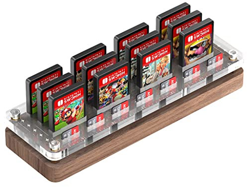 AODUKE Basics Game Storage Wooden Case for 12 Nintendo Switch Games - Switch Game Cards.switch card holder switch case-AJSNH02MY-S (19*pure walnut wood + transparent acrylic)