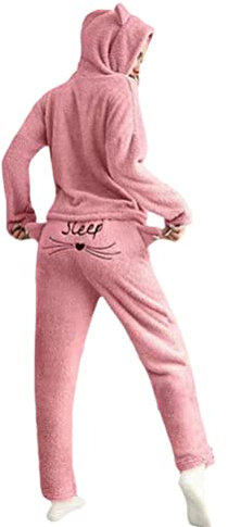 Minetom Femme Fille Automne Hiver Ensembles de Pyjama Chaud en Polaire Douce Vêtements de Nuit Mignon Chat Deux Pièces Sweat à Capuche et Pantalons Longs Rose M