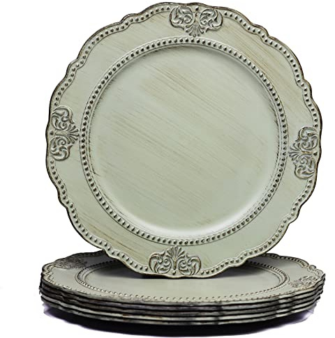 Spsyrine Antique Light Green Charger Plates, 6 Pack Embossed Plastic Chargers with Beaded Rim, 13 Baroque Vintage Scalloped Chargers for Dinner Plates, Weddings, Parties