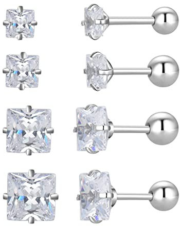Juego de 4 pares de aretes de tuerca redondos cuadrados con forma de estrella y corazón, chapados en oro de 18 quilates, acero inoxidable quirúrgico con circonita cúbica de 3 a 6 mm, Acero inoxidable,