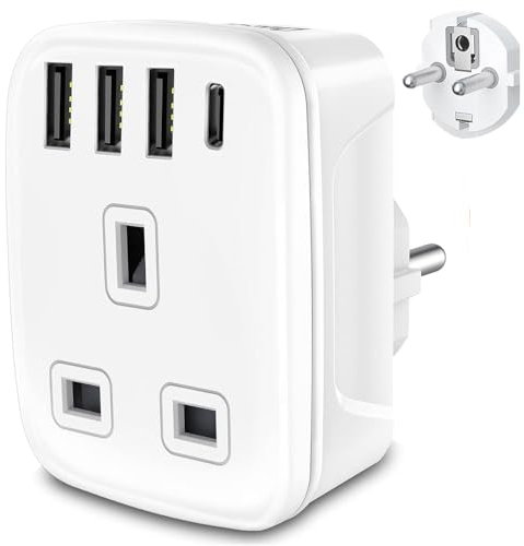 Travel Adapter UK to European Plug Adapter with USB C, Grounded EU 4 USB Charger Europe Power Plug Adaptor for Germany France Spain Italy Poland Greece Iceland Turkey Netherlands and More (Type E/F)