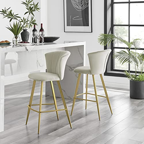Furniturebox UK Breakfast Counter Stools - Juniper Stools for Dining Room or Kitchen - Set of 2 - Premium Contemporary & Luxurious Black Velvet Stools with Gold Legs (2x Cappuccino Velvet Stools)