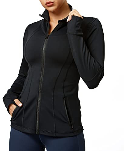 QUEENIEKE Women's Slim Fit Running Jackets - Long Sleeves Athletic Workout Gym Tops with Back Mesh Vent & Thumb Holes (Black, Medium)