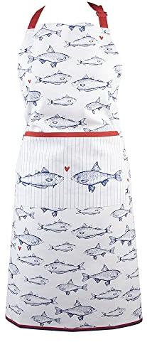 Clayre & Eef Küchenschürze 70x85 cm Weiß Blau Baumwolle Fische BBQ-Schürze