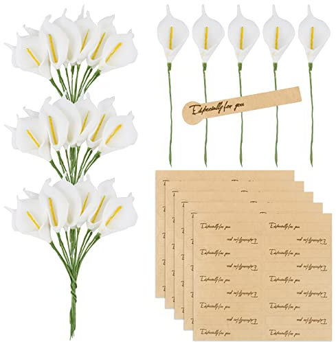 BETESSIN 144Pcs Künstliche Blumen Calla Lilien 2,3cm Kunstblumen Klein mit 90 Stickers Weiß Dekoblumen mit Metalldraht Gefälschte Blumen Party Hochzeit DIY Scrapbook Karten Dekoration