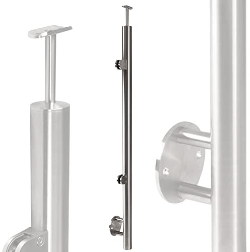 Edelstahl Geländerpfosten Endpfosten links mit Glashalter 10mm und Handlauf-Träger - 42,4mm - Wangemontage - V2A - seitliche Montage vormontiert Glasgeländer Geländerstützen Pfosten Zaunpfosten aussen