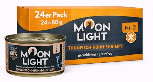 Moonlight Premium Nassfutter Katze Nr. 2 – 24x80g Dose Getreidefrei - Thunfisch, Huhn und Shrimps – viel Fleischanteil - Feines Filetfutter im eigenen Saft – Katzenfutter für Feinschmecker