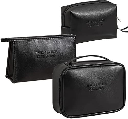 Veki Kulturbeutel 3 Stück Satz Kulturtasche, Pu Leder Große Kosmetiktasche Tasche Veranstalter für Frauen und Mädchen Tragbare wasserdichte Reise Kosmetiktaschen Beutel (Schwarz Leder)