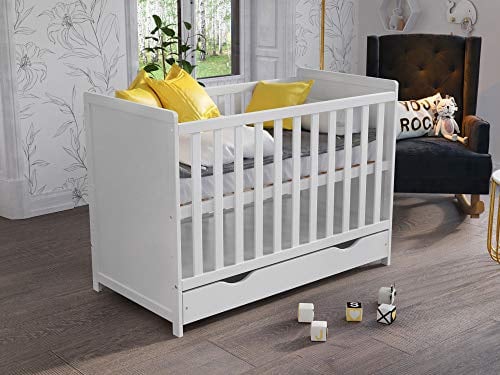 Love For Sleep | MATILDA Wooden Baby Cot Bed 120x60cm with Covered Drawer and Safety Wooden Barrier (White)