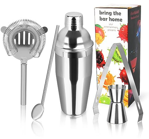 750ML Shaker Cocktail, 5 Pièces Shaker Cocktail kit Professionnel Bar Tool Set Acier Inoxydable, Kit Barman avec Accessoires pour mélanger Boissons, Home, Bar, Party (Argent)