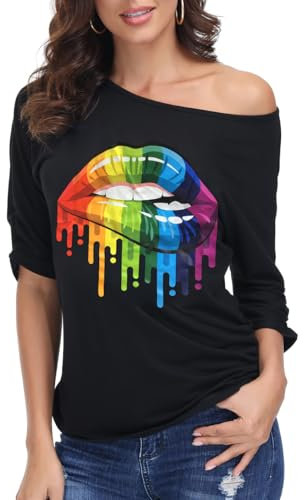 ELFIN Damen T-Shirt 80er Jahre Party-Shirts Sexy Lippen Drucken One-Shoulder-Shirt Kurzarm Sommer Oberteil Casual Bluse Tops, Schwarz-Lippen, M