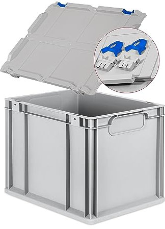 Eurobox NextGen Economy 40x30x32cm Griffe geschlossen mit Scharnierdeckel grau, Kunststoffbox 30 Liter stapelbar Transportbox, Campingbox Farbe Deckel-Verschlüsse wählbar (Verschlüsse Blau)