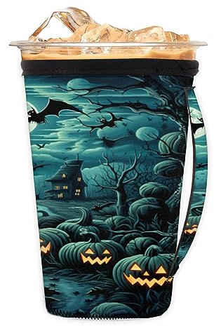 Halloween Pumpkin Bats Tomb Iced Coffee Sleeve with Handle Reusable Insulator Cup Cover Neoprene Coffee Cup Sleeves Holder for Cold/Hot Drinks Coffee Beverages Size S for 18-20 oz