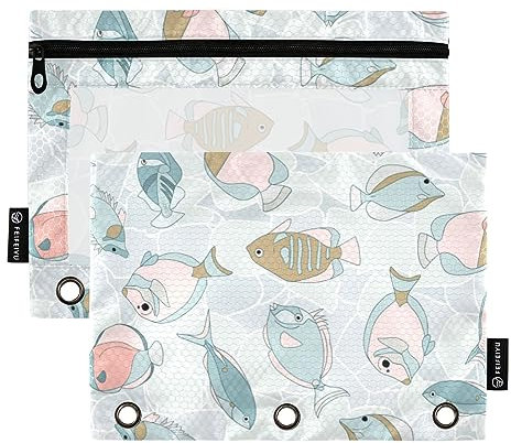 Mnsruu 2 Pack Binder Pouches,Cartoon Fishes Ring Binders File Folder Pen Bag for Office School