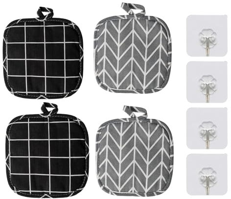 ChAusa 4 Pcs Maniques de Cuisine Antidérapantes en Coton, Gant de Cuisine Anti Chaleur Manique de Pot Carré, Maniques en avec Poche, Maniques en Résistant à la Chaleur avec Boucle pour la Cuisson