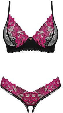 Selente Love & Fun Set di Lingerie Seducente da Donna Composto da Reggiseno, Slip e Esclusiva Benda in Satin, Made in EU (XS-S, Nero-Rosa-Ouvert)