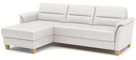 CAVADORE Leder-Eckcouch Palera mit Longchair / Landhaus-Sofa mit Federkern, Bettfunktion + Bettkasten / 244 x 89 x 163 / Leder Weiß