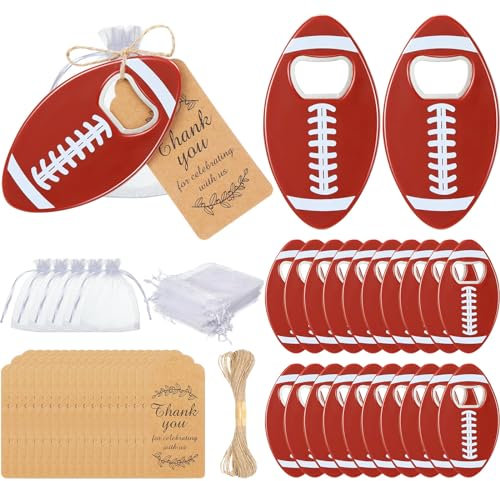 Layhit Set di 24 apribottiglie a tema football americano con sacchetti in organza, etichette di ringraziamento, apribottiglie per calcio, regali divertenti per uomini e donne, appassionati di sport,