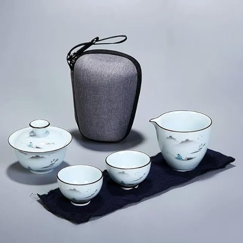 QIUMING Juego de té kungfú Chino, Set de Tetera portátil de cerámica, Tazas de té Gaiwan de Viaje para Ceremonia del té, Buen Regalo con Bolsa de Viaje