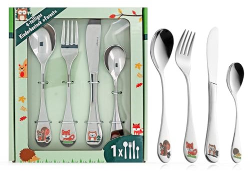 Kinderbesteck mit Namensgravur - Waldtiere - Eichhörnchen, Fuchs, Eule, Igel - 4-teilig eigener Gravur/Namen auf Besteck (Gravur möglich)