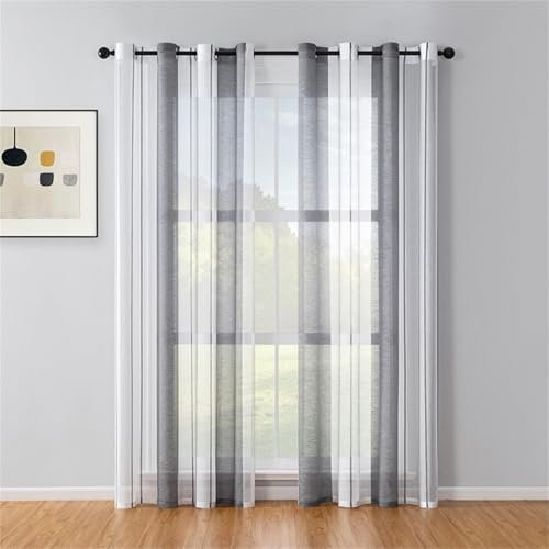 Odot Halbtransparente Vorhänge mit Ösen, Streifen Stil Voile Vorhang Gardinen Vorhang Ösenvorhang Fensterschal 1 Stück Moderne Vorhänge Fenster für Wohnzimmer Küche Balkon (Dunkelgrau,140x175cm)