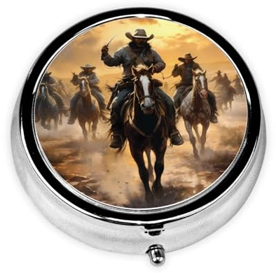 Pillendose aus Metall, 5,1 x 5,1 x 1,8 cm, Mini-Reise-Medikamentendose für Geldbörse, Tasche, Texas, Cowboys, Reit- und Laufmuster