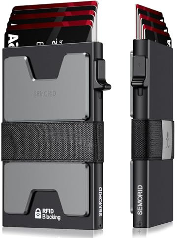SEMORID Mens Wallet, Slim Wallet for Men, Pop Up Credit Card Holder RFID Blocking, Minimalist Metal Wallet with Cash Band, Aluminum Wallets (Black+Grey)