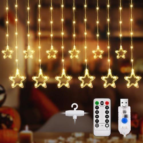 DazSpirit LED Lichterkette mit Sternenvorhang, 12 Sterne, 144 LED Lichterkette Sterne Fenster, Mit Haken, 8 Modi, USB, Timer, Lichtervorhang Innen für Weihnachten, Party dekoration (Warmweiß)