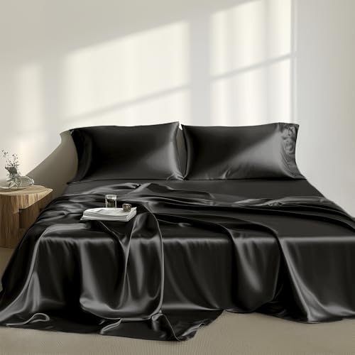 Madison Park Satin Sheets Twin Size, Luxurious Silky Bed Sheets, Elastic 14 Pocket fits up to 16 Mattress, Wrinkle-Free, Soft Satin Bed Sheet Set, Black 4 Piece