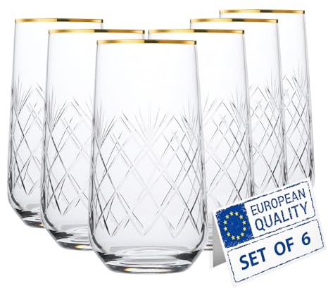 Biandeco Crystal Cut Gold Rimmed Highball Glasses Set of 6, Handmade Tall Glass Cups for Cocktail, Long Drink, Water, Juice, Ice Tea, Mojito, 16 oz