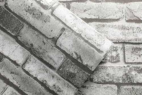Vintage Brick Wall Textured Wallpaper, Gray Faux 3D Effect Brick Stone Pattern Wall Paper, Non-Woven Retro Rustic Living Room Feature Walls Adult, 53 cm x 9.5 m Roll