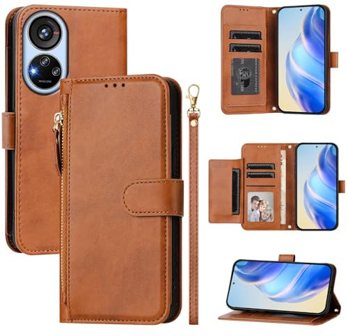 QiongniAN Compatible avec ZTE Blade V40s Coque Etui en Cuir,Compatible avec ZTE Blade V40s Flip PU Cuir Zip Portefeuille Etui pour téléphone Portable Brown