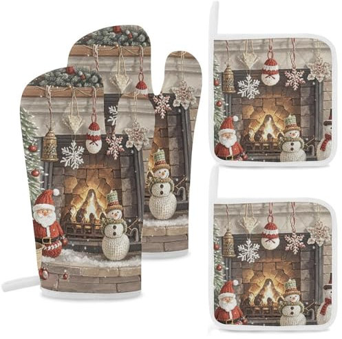 Lot de 4 gants de cuisine et maniques de Noël résistants à la chaleur pour la cuisine, les grillades et la pâtisserie