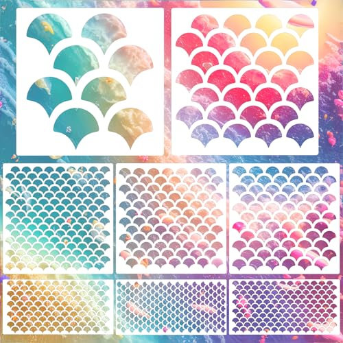 8 Stück Fischschuppen Schablonen, 8 Größen Meerjungfrau Schuppen Schablonen Gesicht Make-up Schablonen Fischschuppen Vorlagen für DIY, Körpern, Möbel, Wände und Kunsthandwerk