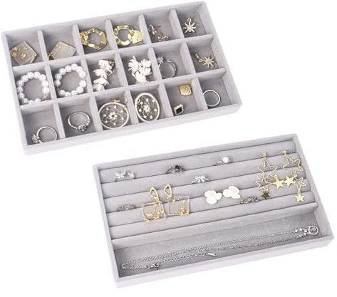 Nwvuop 2Pcs Jewellery Tray Organiser, Velvet Jewellery Storage Tray for Drawer Jewellery Display for Ring Earring Necklace(Grey)