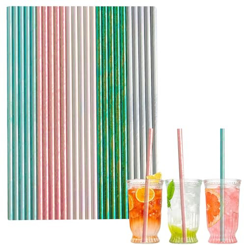 100pcs Paper Straws Biodegradable Disposable Straws,Iridescent Colored Paper Drinking Straws Juice Coffee Cold Cocktail Straws for Birthday Wedding Bridal/Baby Shower Party Straws Drink Accessories