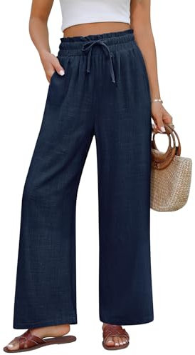 UMIPUBO Leinenhose Damen Sommerhose Leichte Baumwolle Palazzo Causal Weite Hose Freizeithose Elegant Lang Stoffhose Elastisch High Waist Strandhose mit Tunnelzug und Taschen (Marineblau, L)