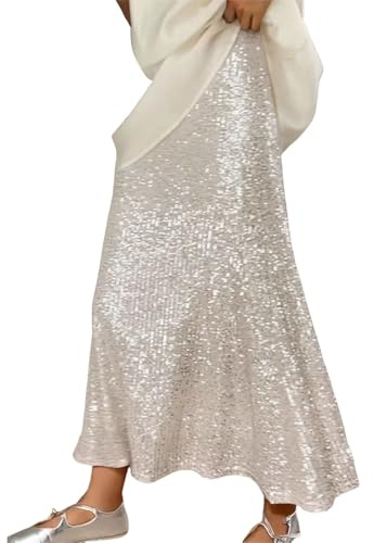 Chnnamzu Glitzer Rock Lang Pailletten, Pailettenrock für Damen Maxi Elastische Taille, Glitzerrock Damen Glänzend Plissee Sexy Röcke Skirt Faltenrock Festival Party Rave Outfit