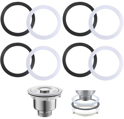 8 PCS Sink Plug Rubber Seal, 110mm Sink Waste Seals, O Ring Seal Black Rubber and White Sponge Gasket Washers Bath Seal Set for Toilet Drain Kitchen Sink Basket Strainer Waste Bathroom (Black & White)