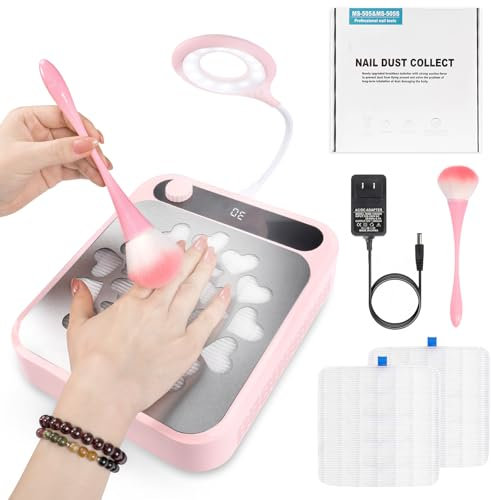 Nail Dust Collector, Dust Collector Nail Tech with LED Light & 2Pcs Reusable Filters & Cleaning Brush, Nail Fan Vacuum Dust Collector for Salon Home, Manicure Acrylic Gel Nails Polishing (Pink)