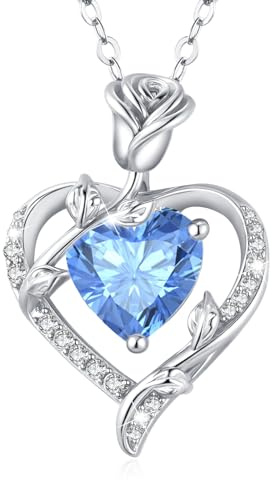 Halskette Damen 925 Sterling Silber Rosen Herz Geburtsstein Kette Schmuck | Geschenk für Frauen Frau Freundin Mama zum Weihnachten Valentinstag Muttertags Hochzeit Jubiläum Geburtstag