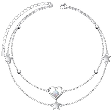 HOOHWE Fussketten für Frauen 925 Sterling Silber Herz Fußkette Synthetischer Opal Fußkettchen für Damen Layered Verstellbar Schmuck