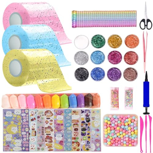 FFTANXS 53 Stück Nano Tape,Nano Tape Bubbles Set mit 3 Nanotape(5cmx3m)+50 Deluxe Materialpakete,Nanoband für Stressabbau und Spaß,Bubbles Diy Set für Mädchen,Jungen,Party Geschenke(Rosa+Blau+Gelb)