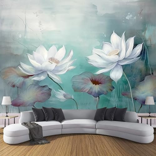 JSCWDET Papier Peint Panoramique Nature 400×280 Cm (W×H) - Revêtement Mural Décoration Pour Chambre Salon - Design Moderne - Peinture De Lotus Rêveuse - Motif De Feuille De Lotus Bleu-Vert